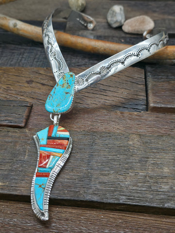 Sterling Silver Lapis and Candelaria Turquoise Cluster Pendant by Rosella Paxson - 3 1/4 in. by 1 3/4 in.