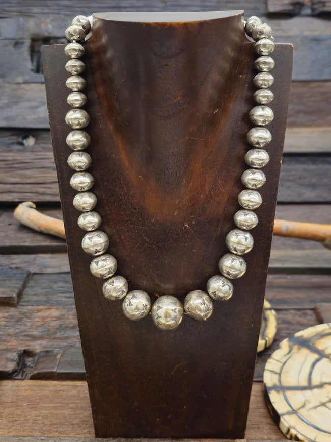 Stamped, Graduated High-Shine Navajo Pearl Necklace by Jeffrey Nelson - 18 in.