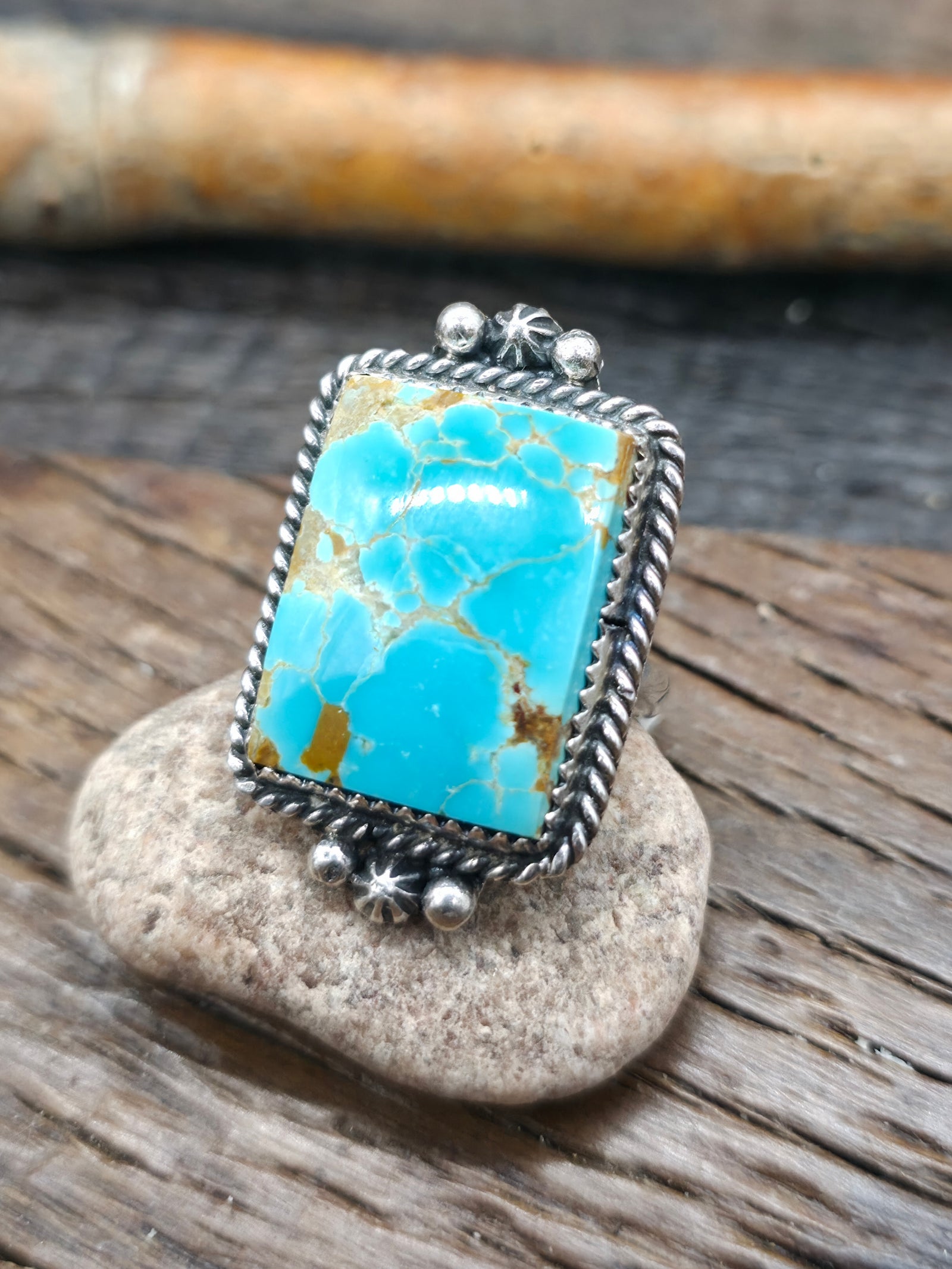 Rectangular Sterling Silver Turquoise Ring by Brenda Jimenez - Adjustable