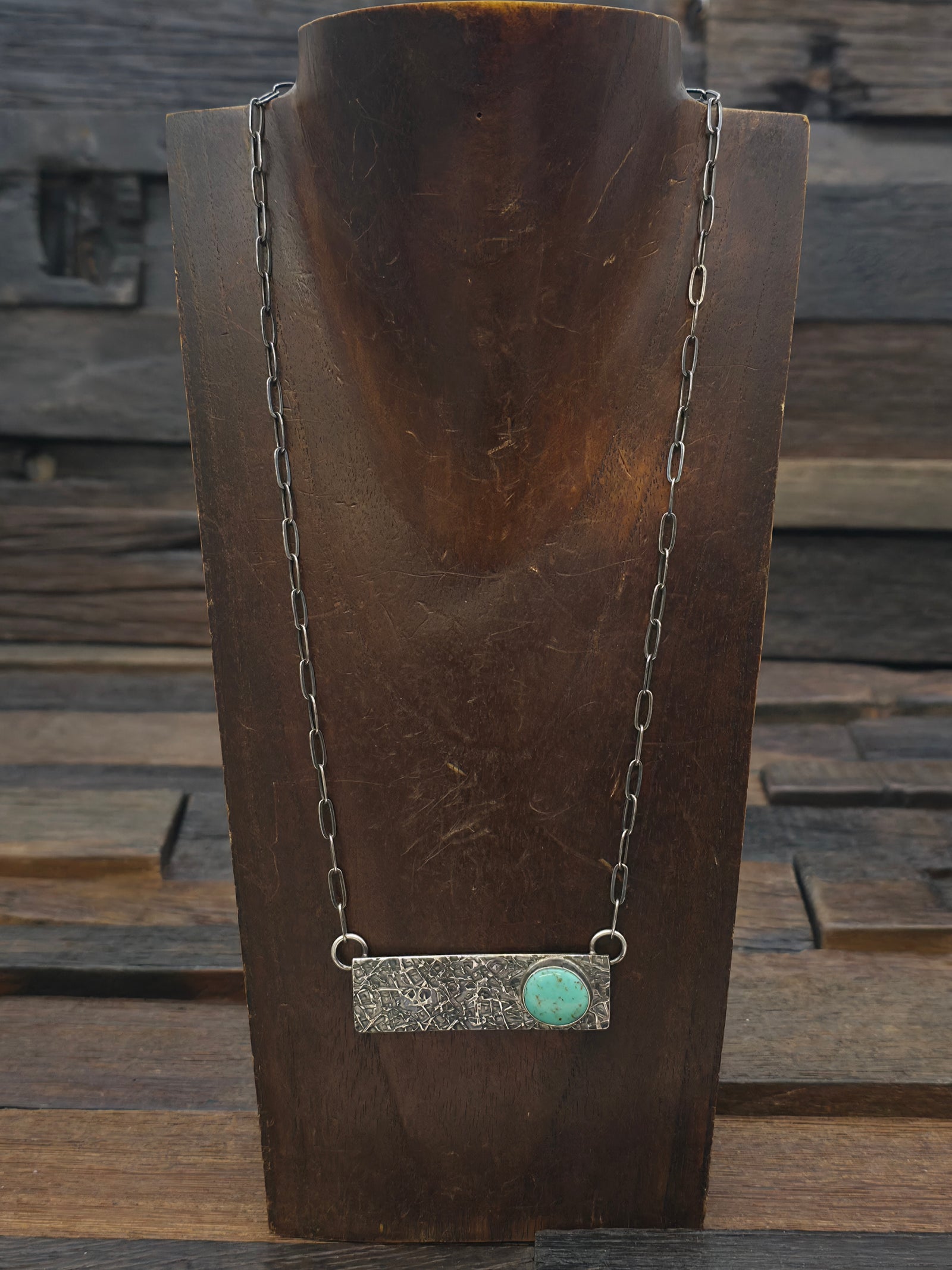 Large Sterling Silver and Pale Turquoise Bar Necklace on Paperclip Chain - 18 in.