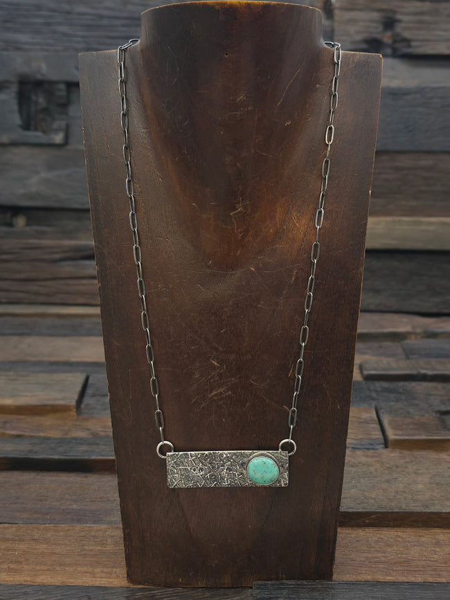 Large Sterling Silver and Pale Turquoise Bar Necklace on Paperclip Chain - 18 in.