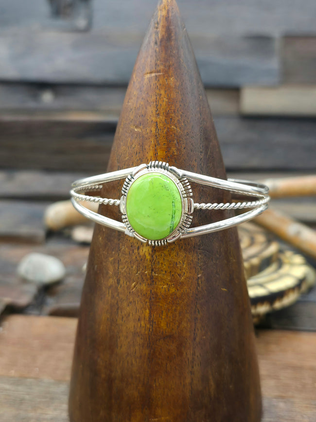 Gaspeite and Sterling Silver Cuff Bracelet  by Nila Johnson - 6 1/2 in.