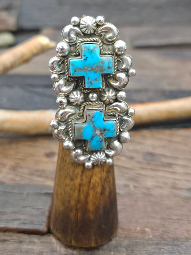 Two Stone Repousse Stamped Sterling Turquoise Santa Fe Cross Ring by Richard Jim - Adjustable