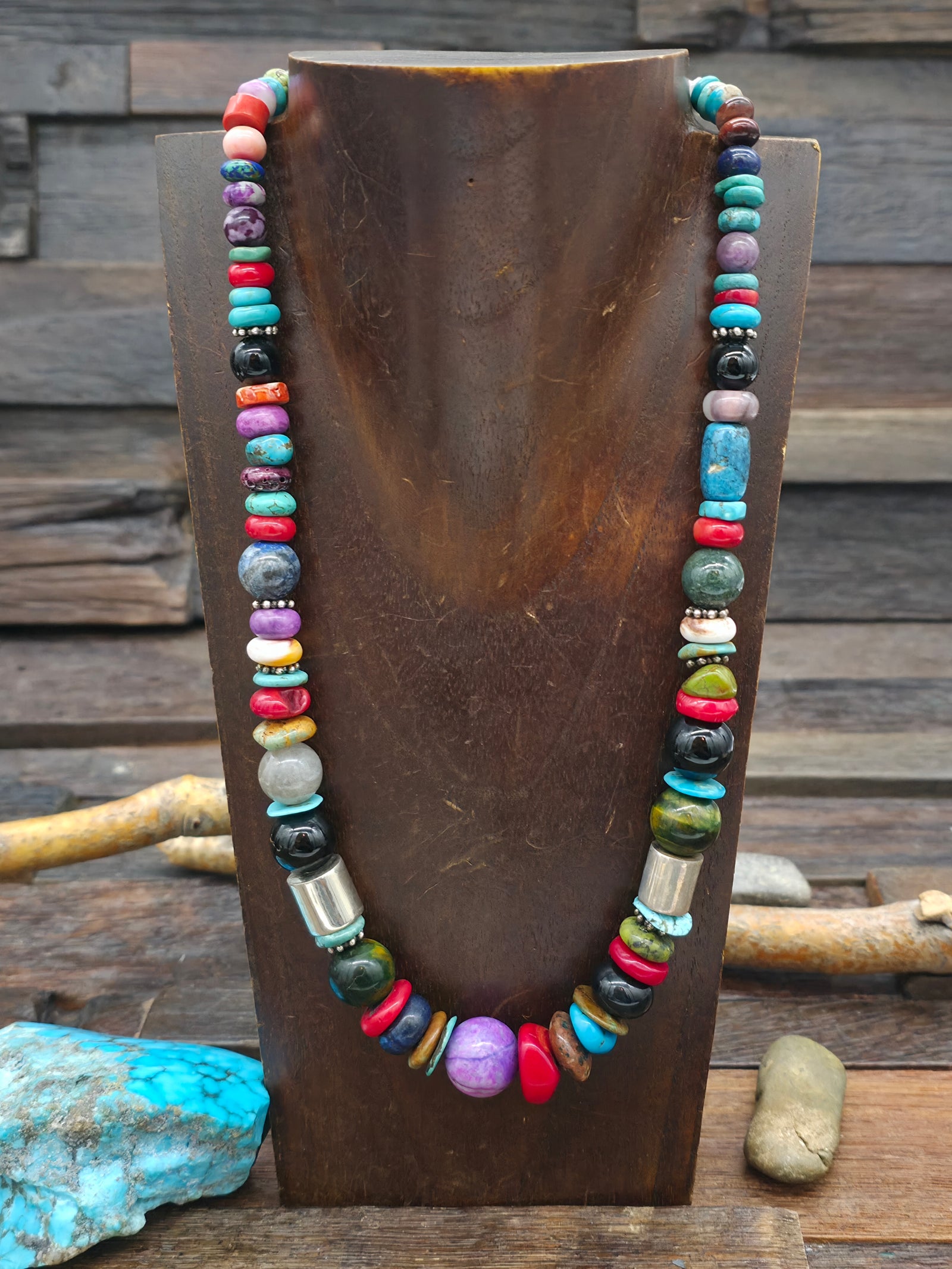Mixed Stone Beaded Necklace w/Sterling Silver Cones and Barrel Beads by Rose Singer - 21 in.
