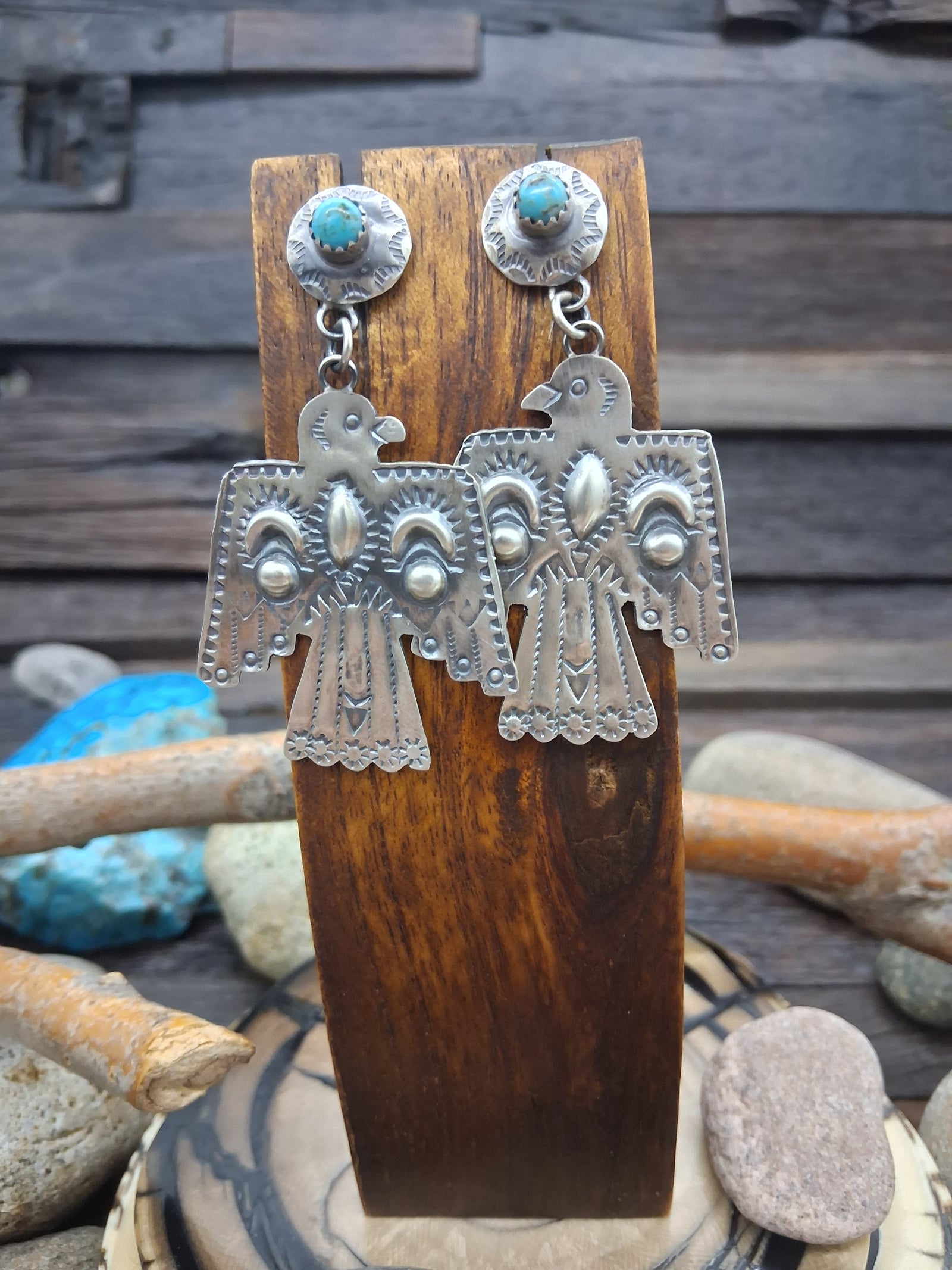 Sterling Silver Stamped Eagle with Turquoise Post Dangle Earrings (2.5")