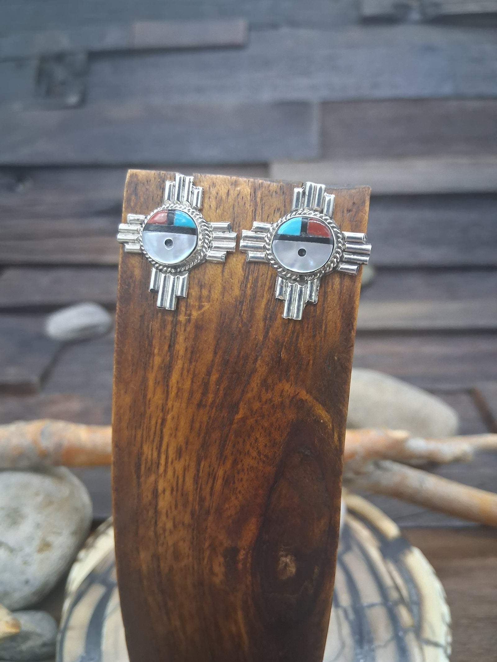 Sterling Silver Sunface Inlay Post Earrings by Clifford Cheama