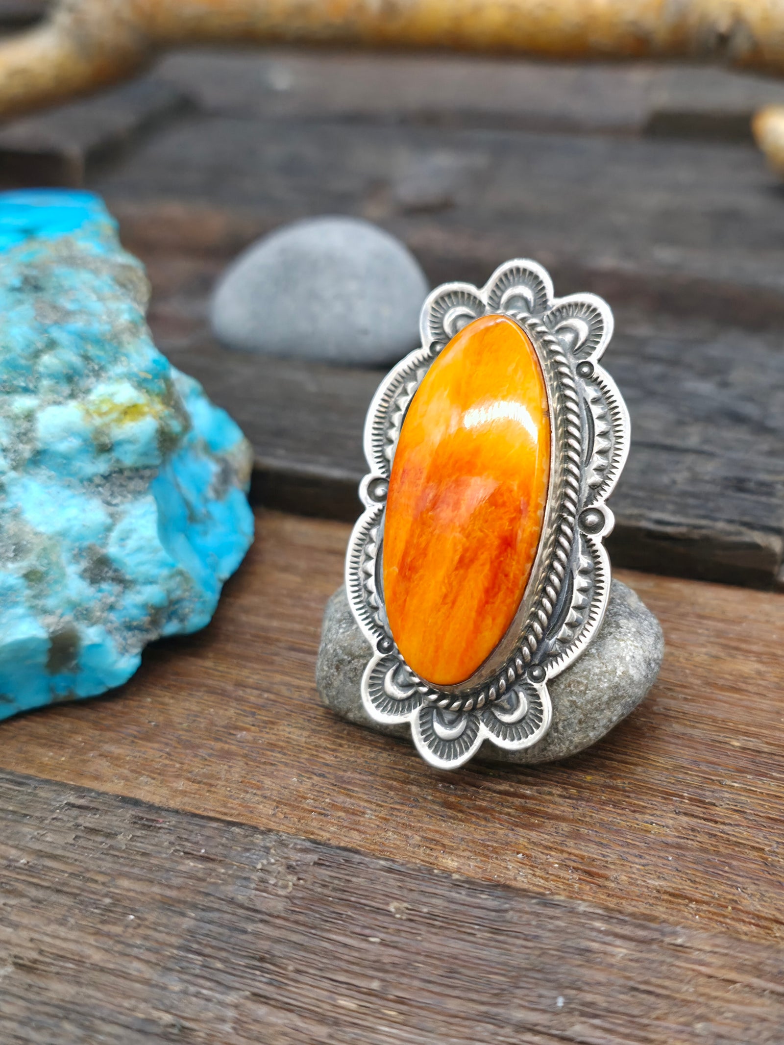 Stamped Sterling Silver Orange Spiny Oyster Ring by Happy Piasso - Size 7