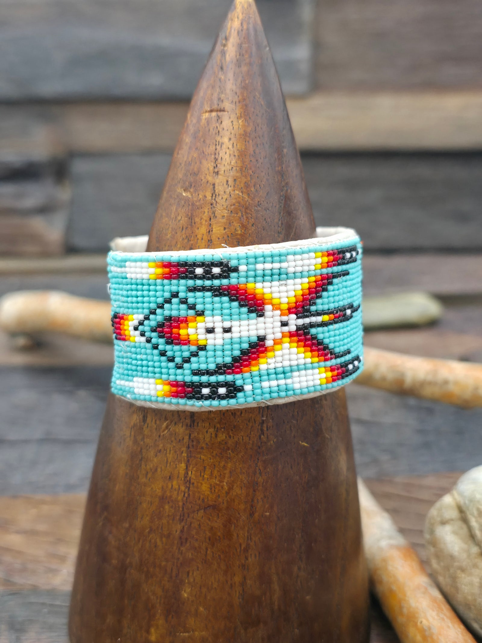 Beadwork Cuff by Dean Martin - Turquoise, Red, and Black with Feather Design - 6 3/4 in.