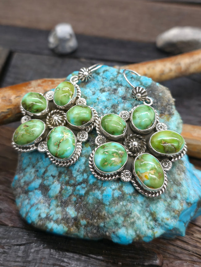 Five Stone Sonoran Turquoise Sterling Silver Cluster Earrings - 2" by 1 1/4"