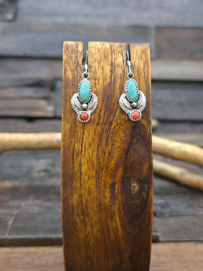 Sterling Silver Turquoise and Coral Oval Leaf Hook Dangle Earrings by Robert Martinez