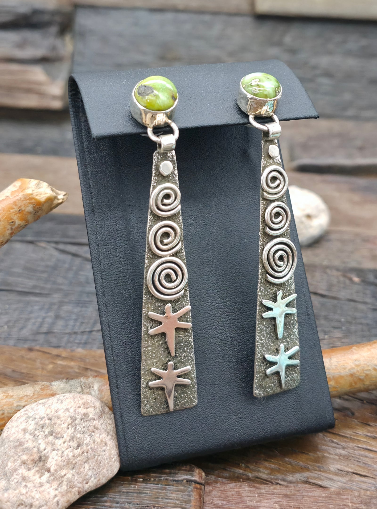 Sterling Silver Royston Turquoise Petroglyph Earrings by Alex Sanchez - 3 1/2 in. by 5/8 in.