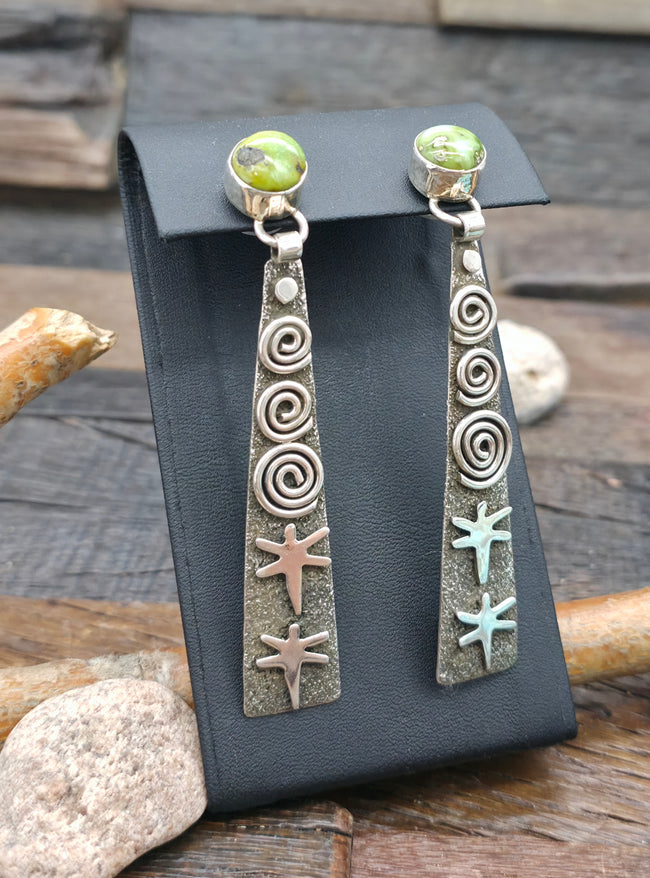 Sterling Silver Royston Turquoise Petroglyph Earrings by Alex Sanchez - 3 1/2 in. by 5/8 in.