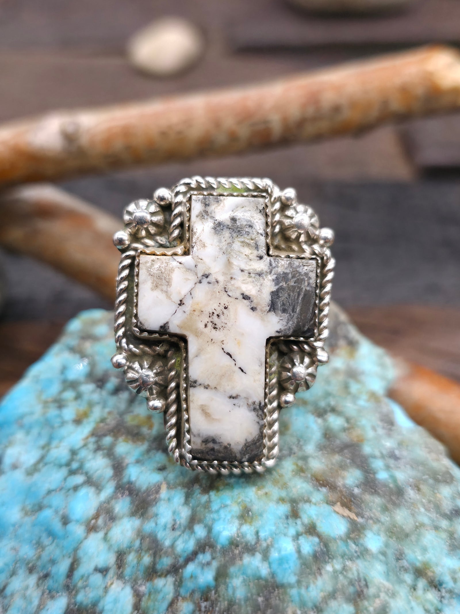 White Buffalo Sterling Silver Cross Statement Ring by Richard Jim - Size 9