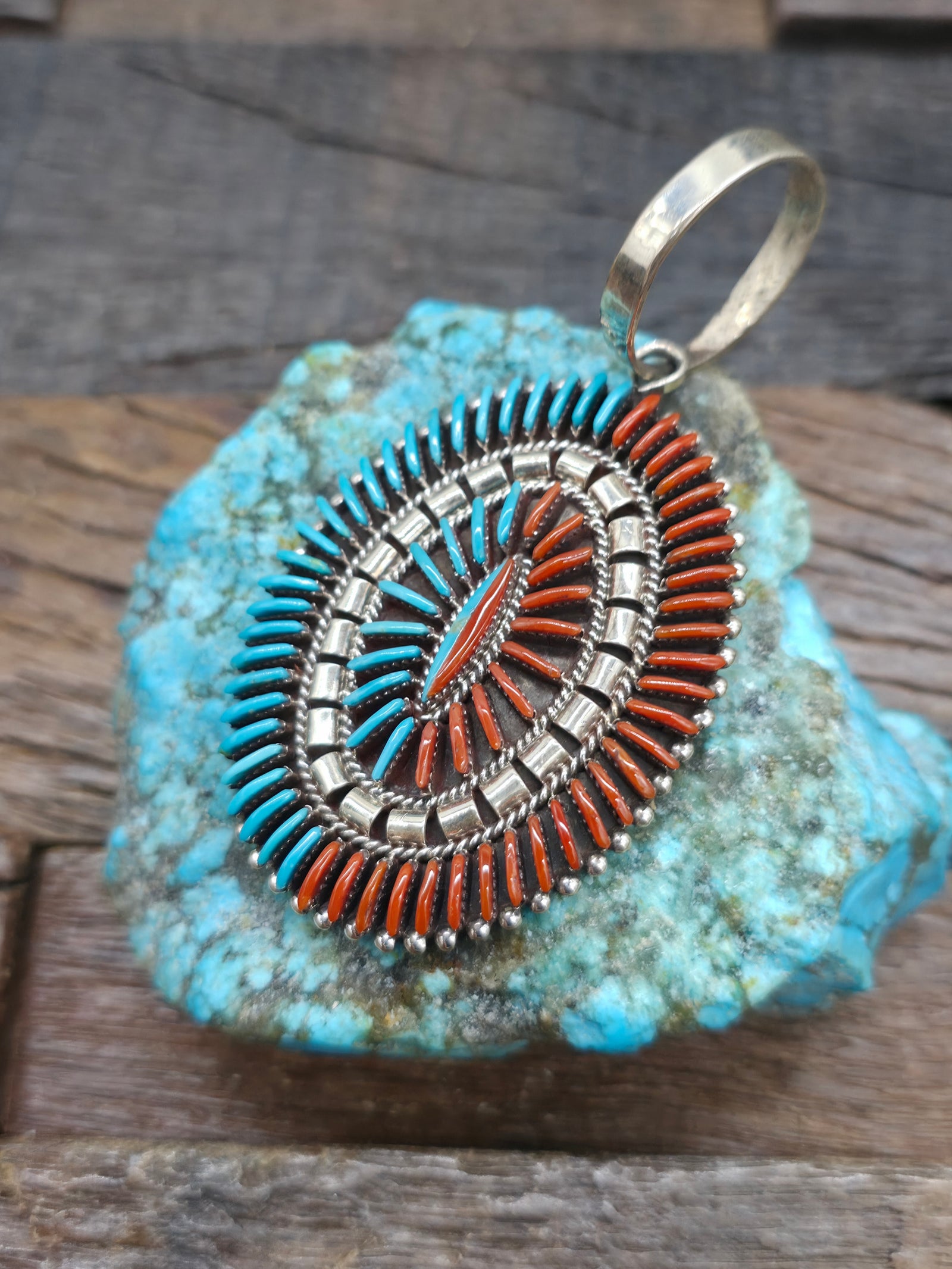 Sterling Silver Turquoise and Coral Oval Needlepoint Pendant - 3 1/4 in. by 1 1/4 in.