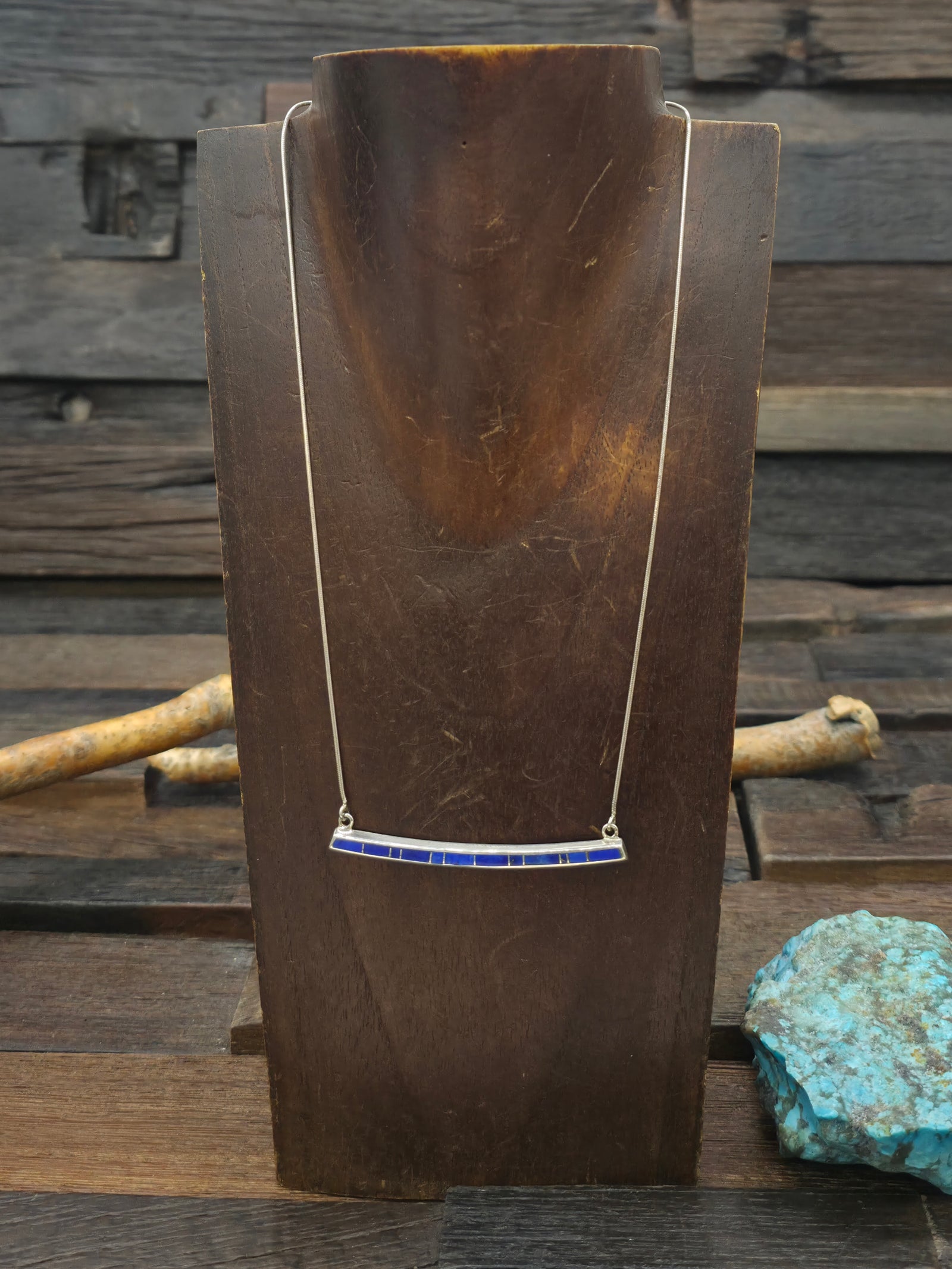 Sterling Silver Lapis Inlay Bar Necklace by Charles Willie - 19 in.
