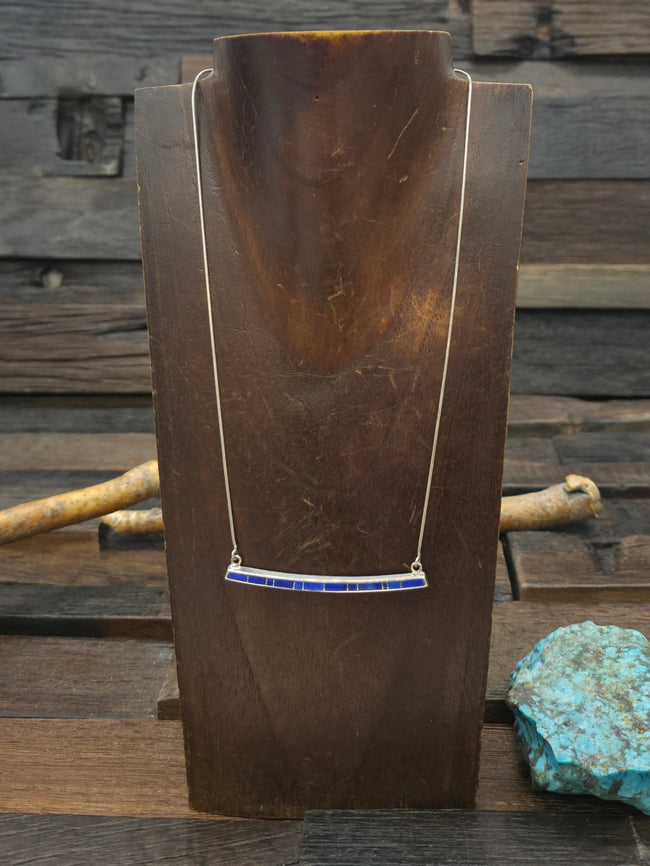 Sterling Silver Lapis Inlay Bar Necklace by Charles Willie - 19 in.