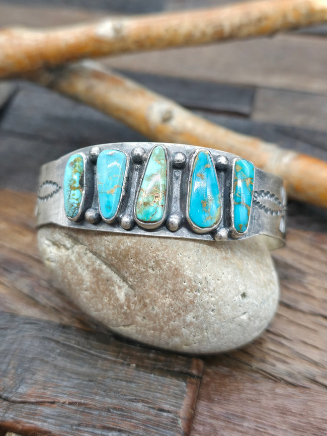 Five Stone Stone Blue Gem Turquoise Stamped Sterling Silver Cuff by LaRose Ganadanegro - 6 3/4 in. with Gap