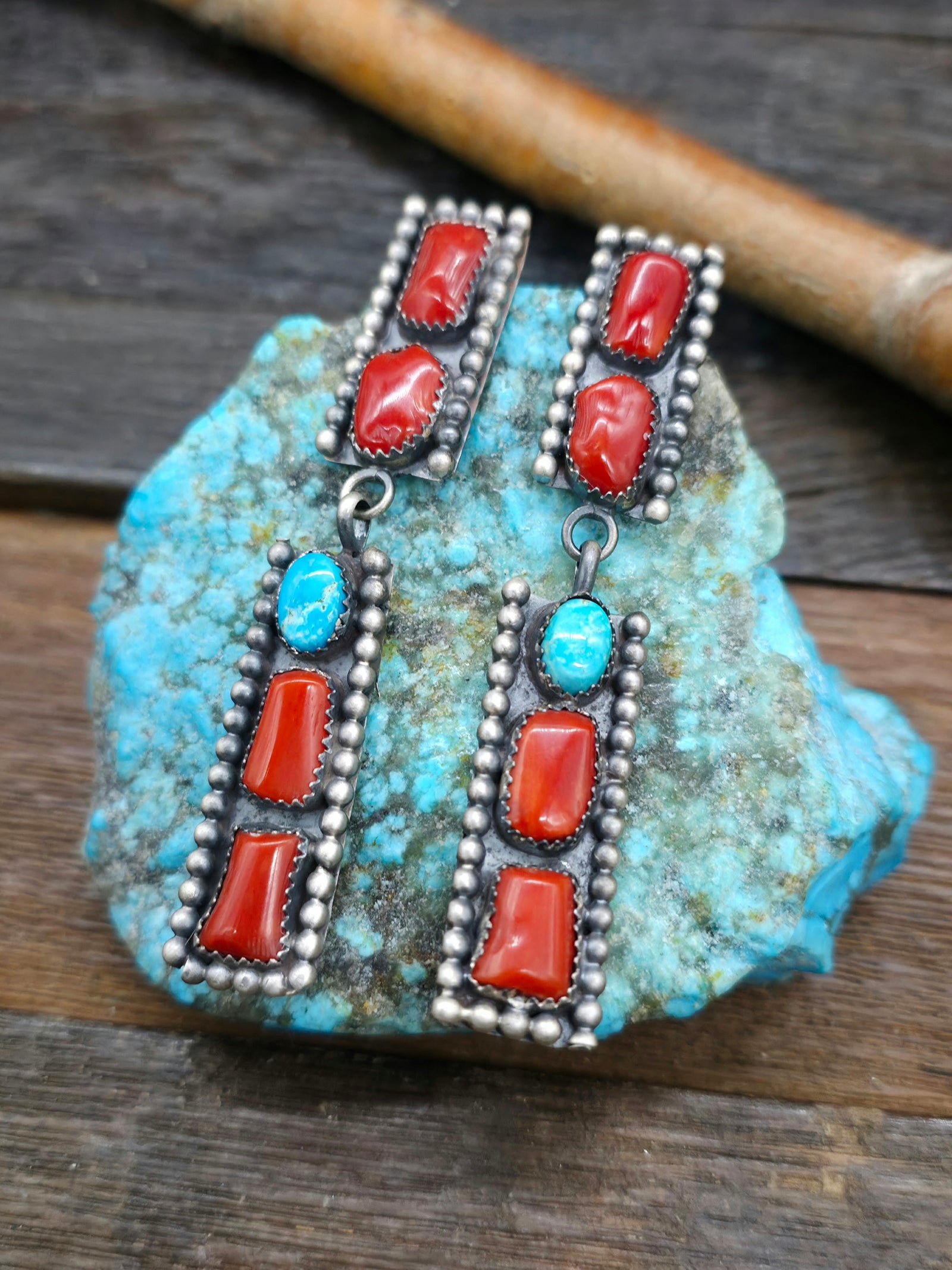 Sterling Silver, Coral, and Turquoise Earrings by L. Ganado