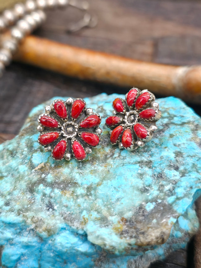 Seven Piece Sterling Silver Apple Coral Squash Blossom Necklace Set with Earrings, Two Adjustable Rings, Two Bracelets, and Pin/Pendant