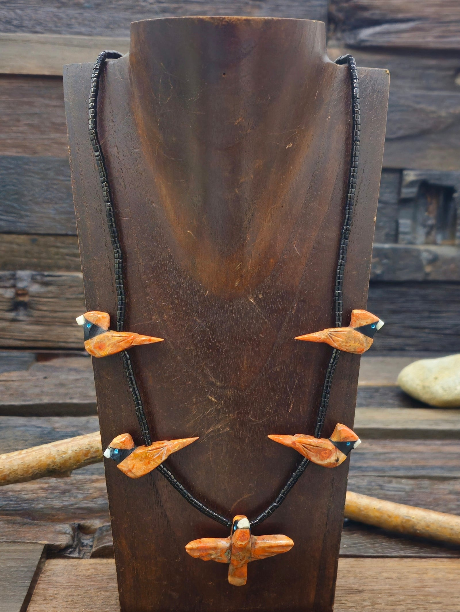 Red Five Cardinal Necklace with Jet Heishi by Matt Mitchell - 24 in.