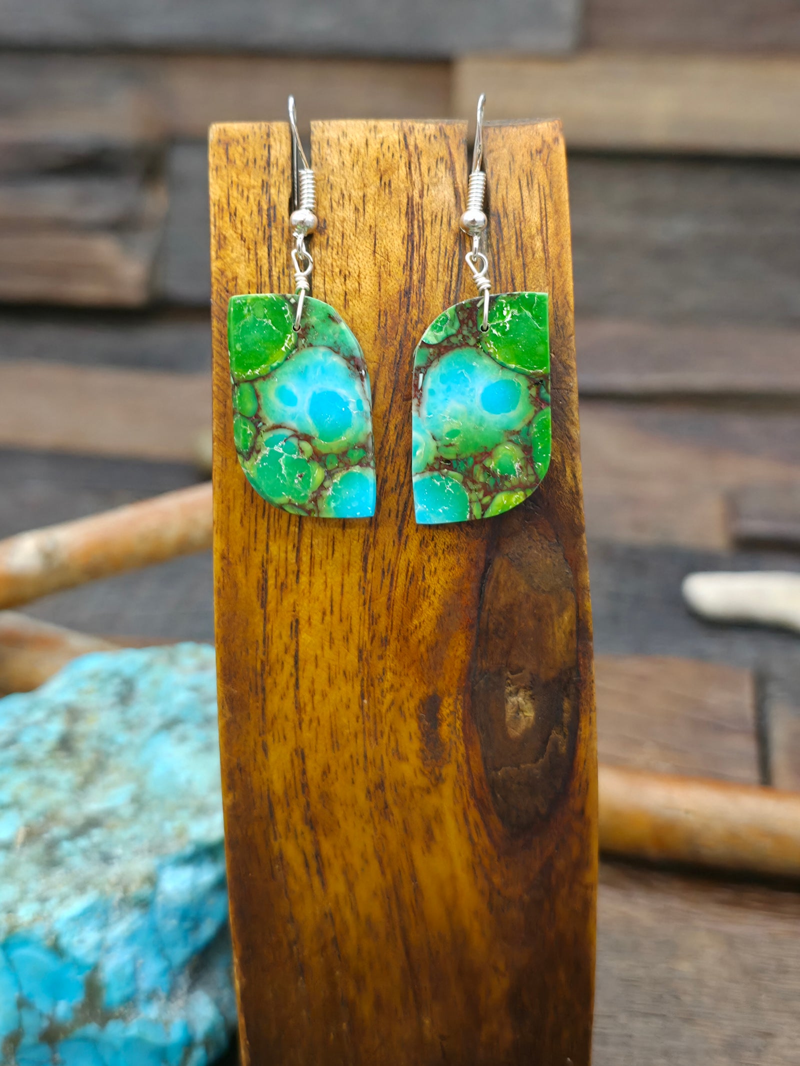 Blue and Green Compressed Turquoise Slab Earrings by Jameson Pete - 2 in. by 3/4 in.