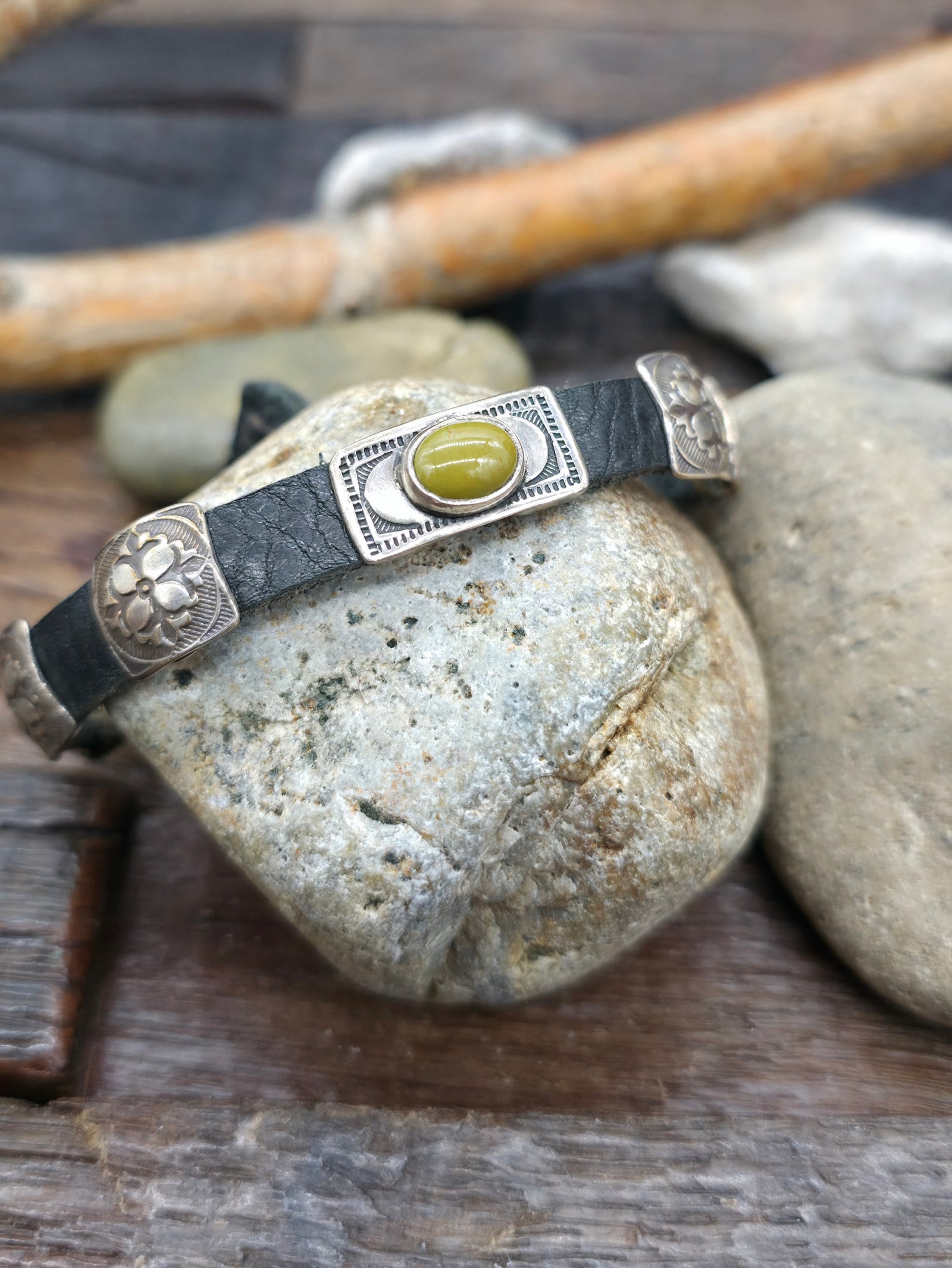 Black Leather Bracelet with Square Sterling Silver Conchos and Single Rectangular Green Turquoise Concho by Rick Montaño - 8 in.