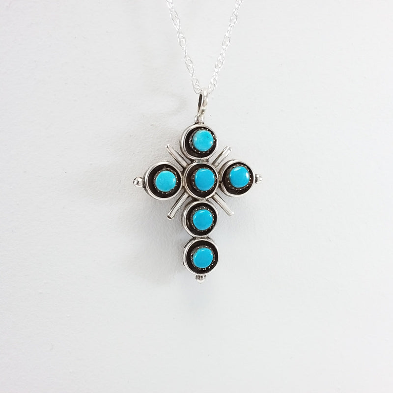 Zuni turquoise and coral sterling silver double sided cross pendant