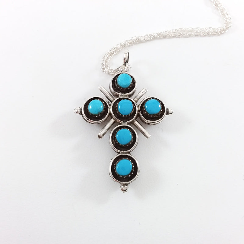 Zuni turquoise and coral sterling silver double sided cross pendant