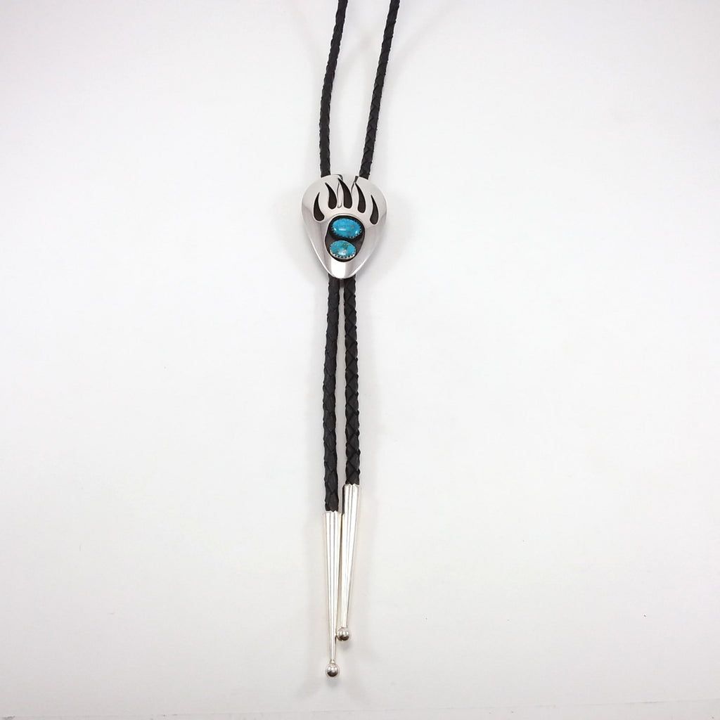 Navajo turquoise sterling silver bear paw shadow box bolo.