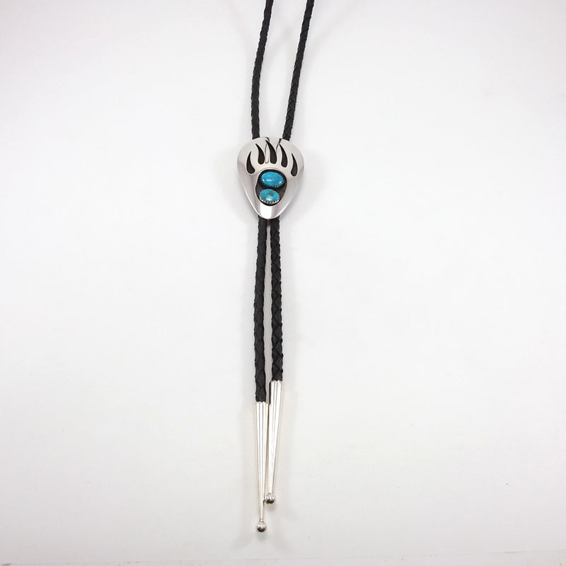 Navajo turquoise sterling silver bear paw shadow box bolo.