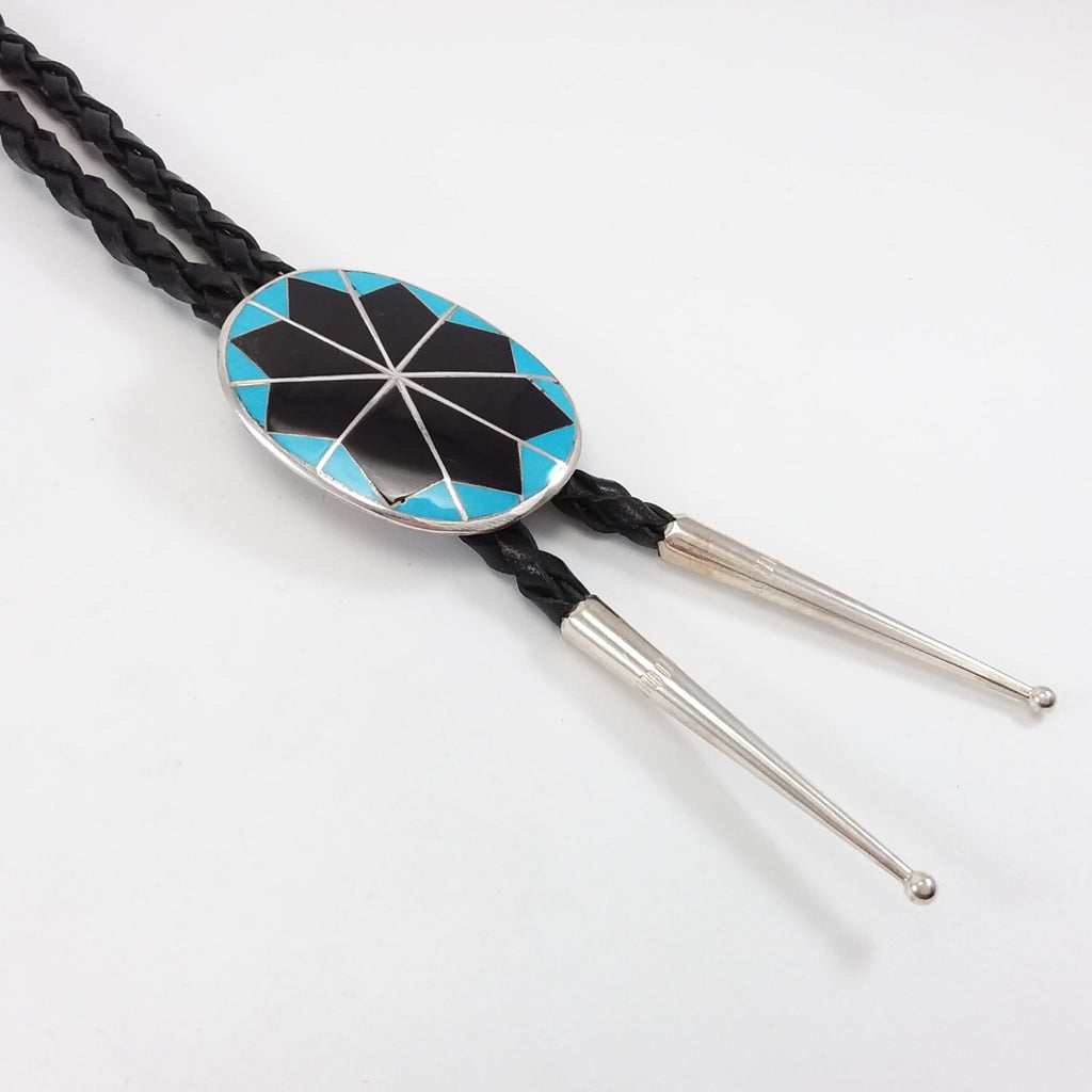Zuni turquoise and jet inlay bolo tie.