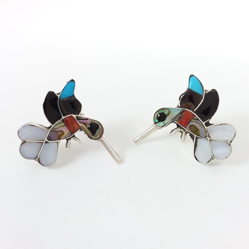 Zuni multi stone sterling silver hummingbird inlay earrings.