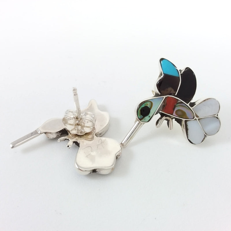Zuni multi stone sterling silver hummingbird inlay earrings.