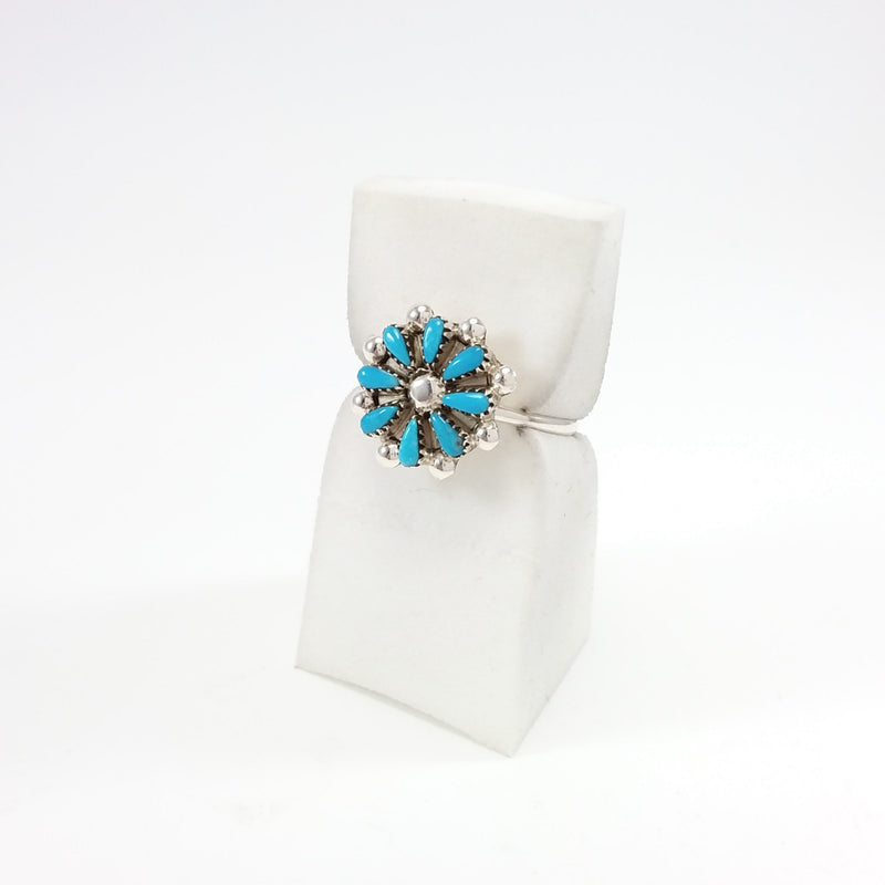 Zuni turquoise sterling silver flower inlay ring.