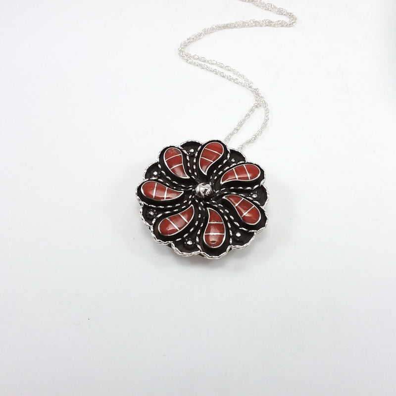 Zuni coral sterling silver inlay pin/pendant