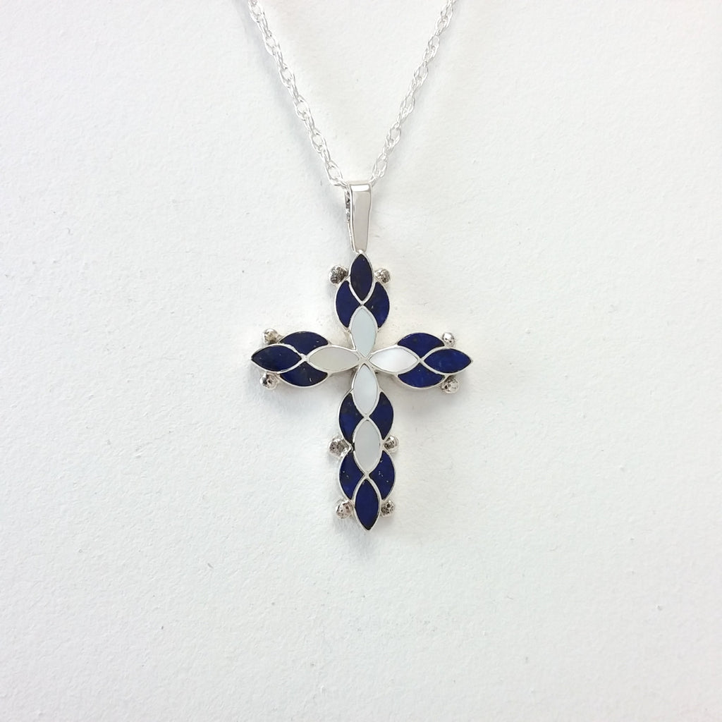Zuni lapis and mother of pearl sterling silver inlay pendant.