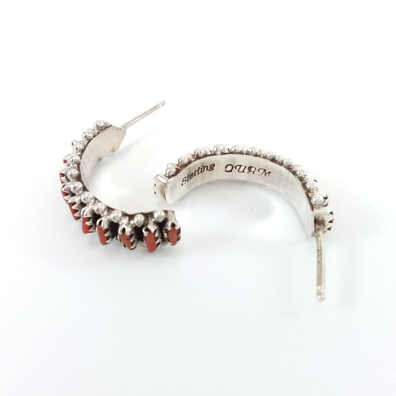 Zuni coral sterling silver needlepoint hoop earrings.