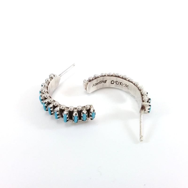 Zuni turquoise sterling silver needlepoint hoop earrings.