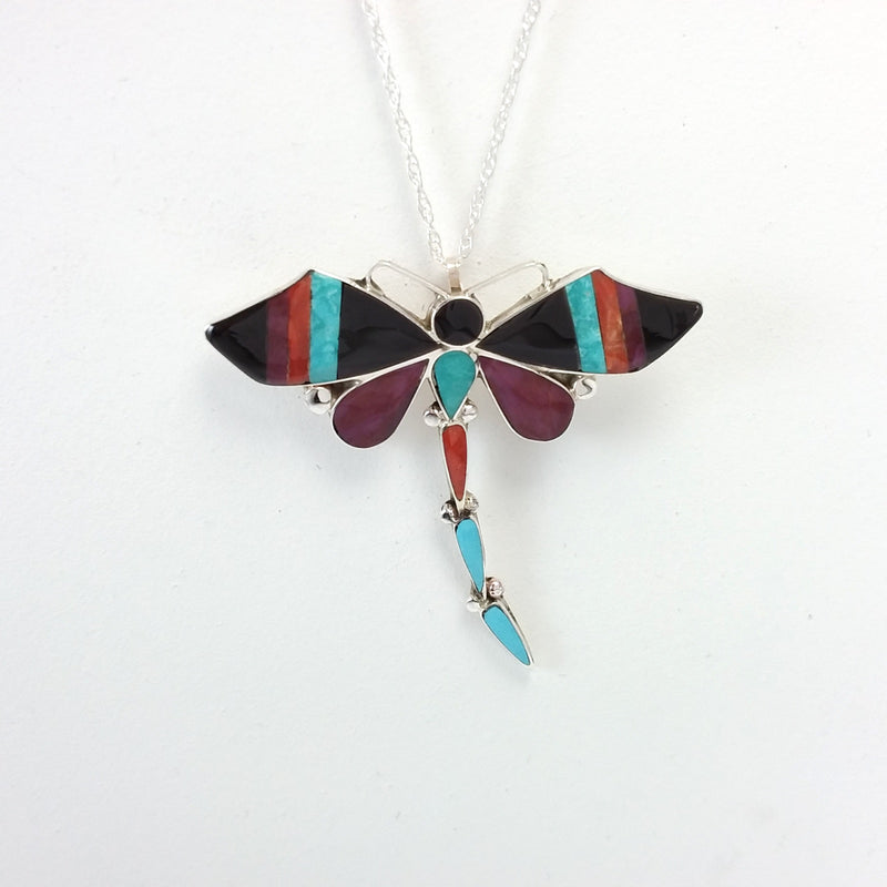 Angus Ahiyite Zuni multi stone sterling silver dragonfly pin/pendant. Inlaid, Native American Indian Jewelry
