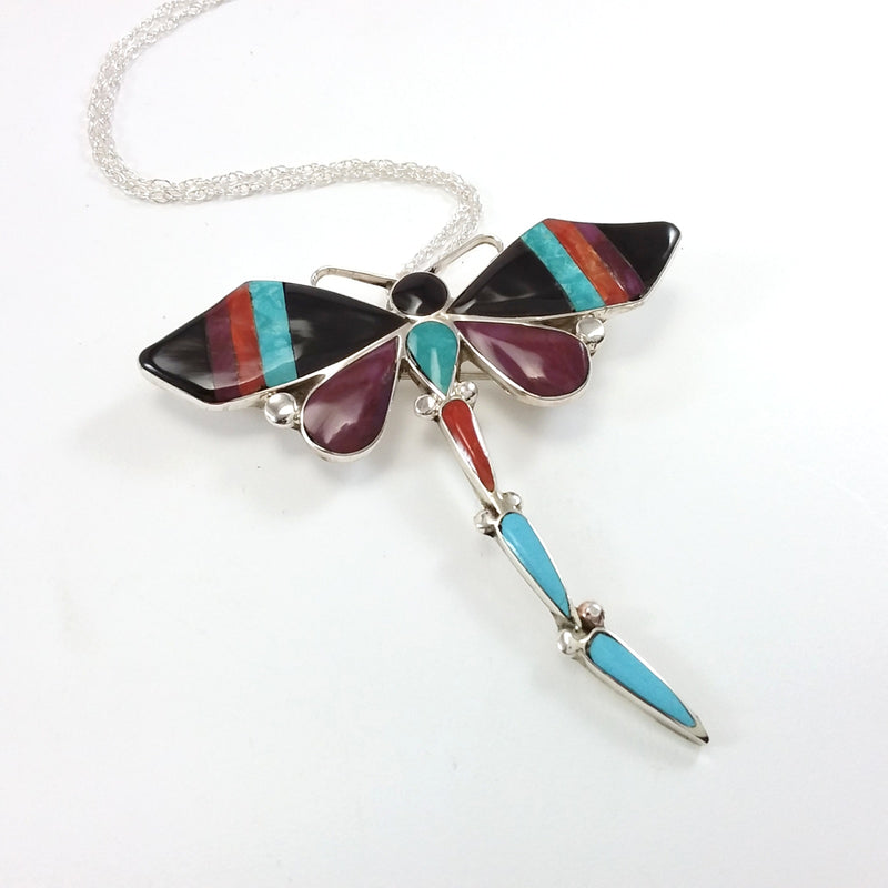 Angus Ahiyite Zuni multi stone sterling silver dragonfly pin/pendant. Inlaid, Native American Indian Jewelry