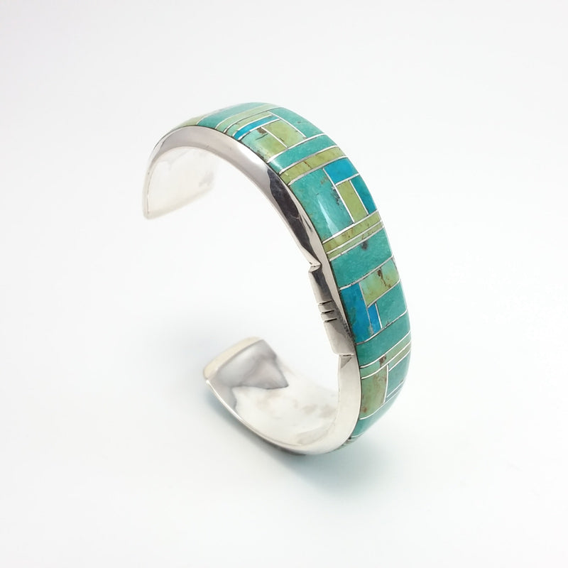 Green and Blue Turquoise and Sterling Silver Cuff, Native American Handcrafted Marilyn Yazzie , Navajo