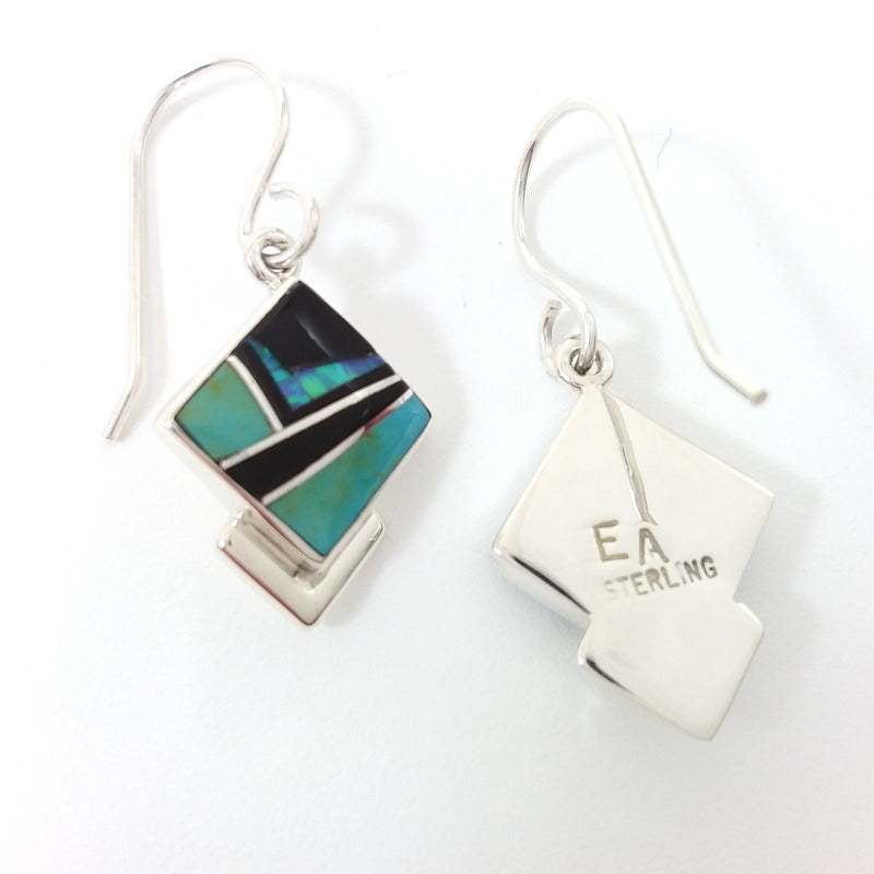 Elsie Armstrong turquoise, jet and opal sterling silver inlay earrings.