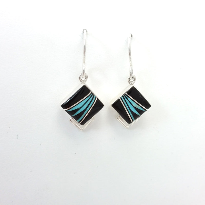 Navajo Elsie Armstrong turquoise and onyx sterling silver inlay earrings.