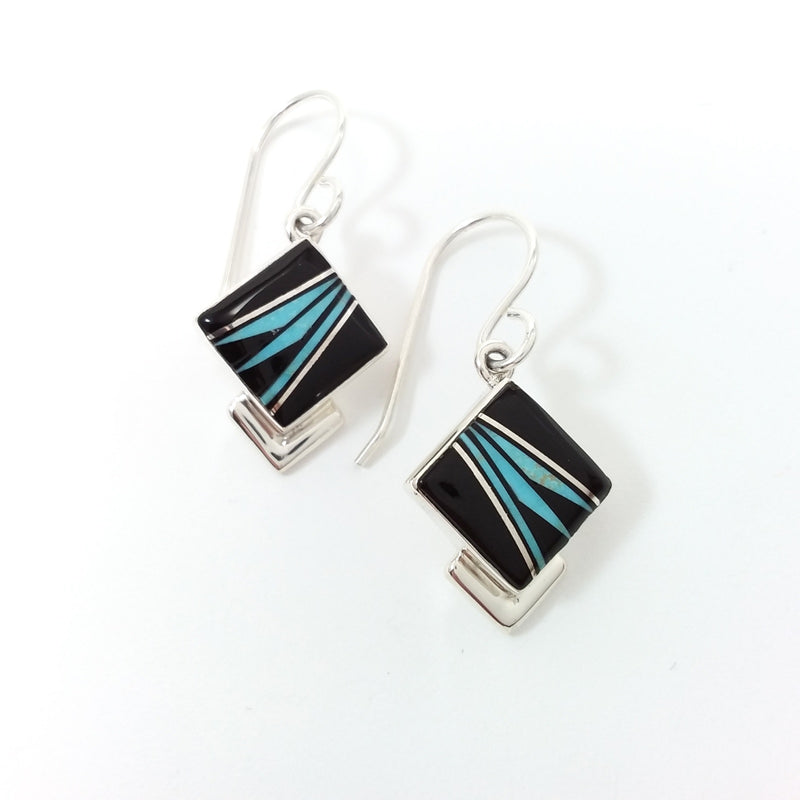 Navajo Elsie Armstrong turquoise and onyx sterling silver inlay earrings.