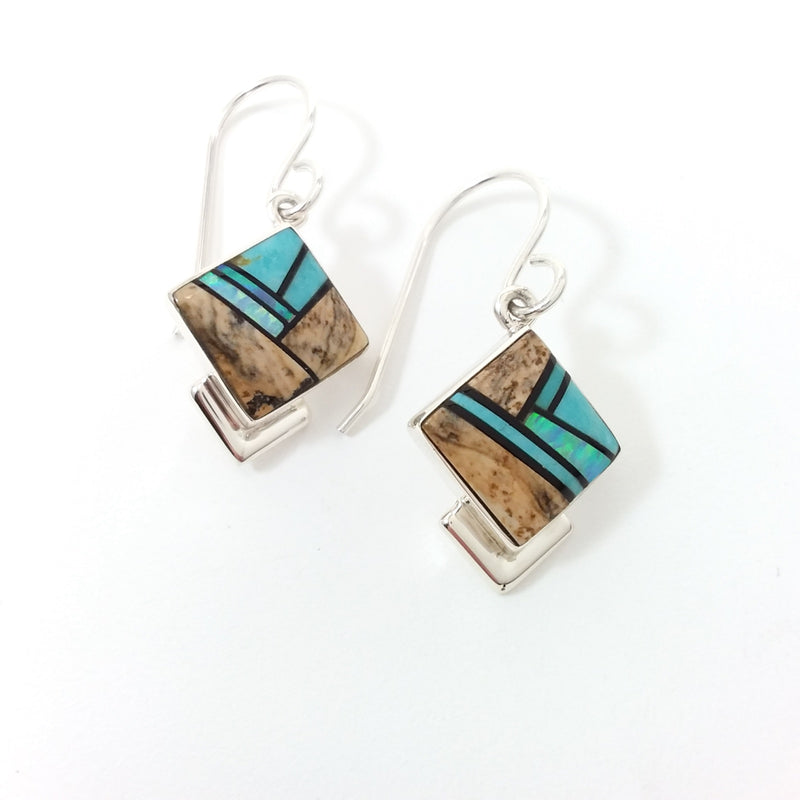 Navajo Elsie Armstrong opal picture jasper and jet sterling silver inlay earrings.