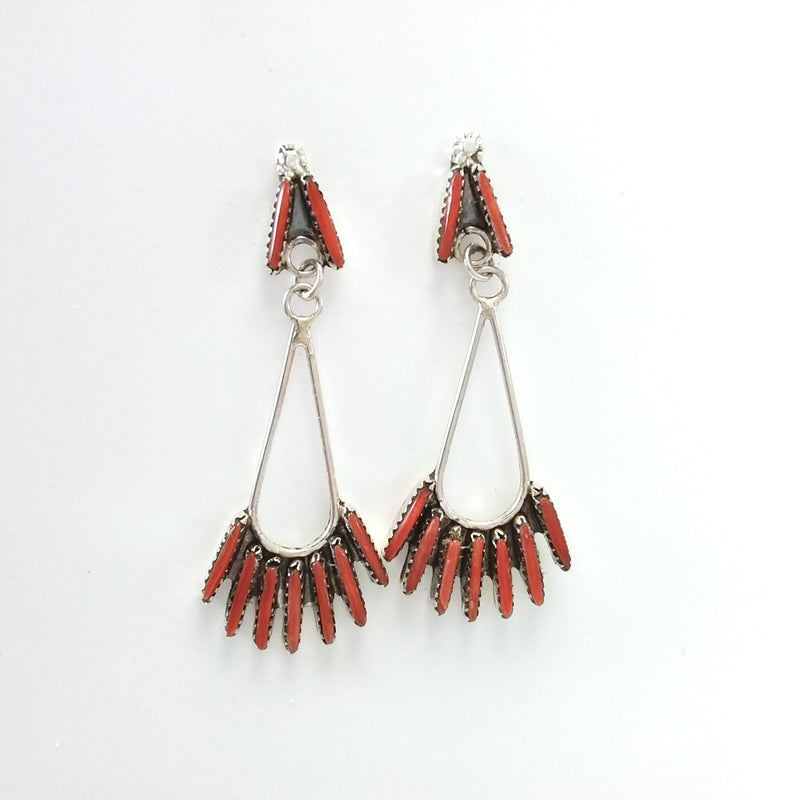 Zuni Jeannie Lastivano coral needle point sterling silver earrings.