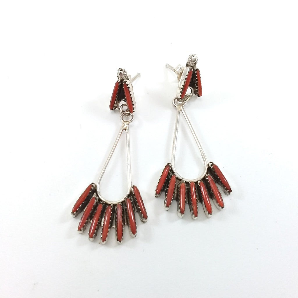 Zuni Jeannie Lastivano coral needle point sterling silver earrings.
