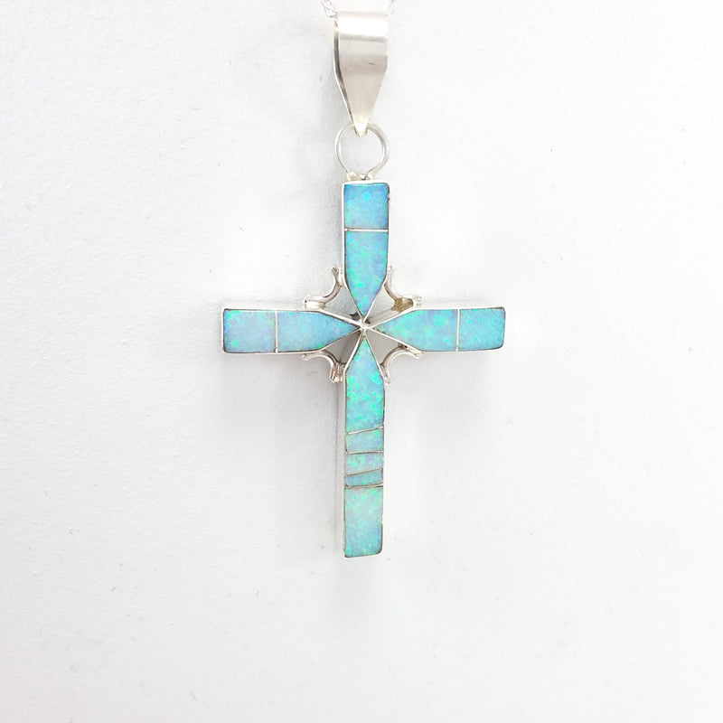 Edison Yazzie Navajo turquoise, lapis and opal sterling silver reversible cross pendant.