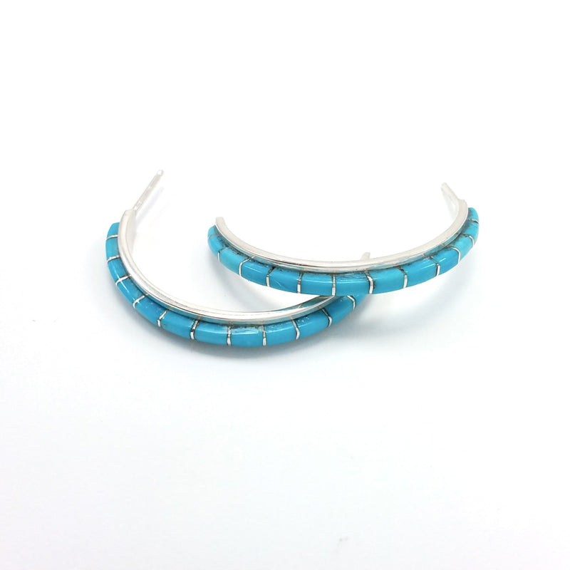 Zuni Susanna Kallestewa turquoise sterling silver inlay hoop earrings.