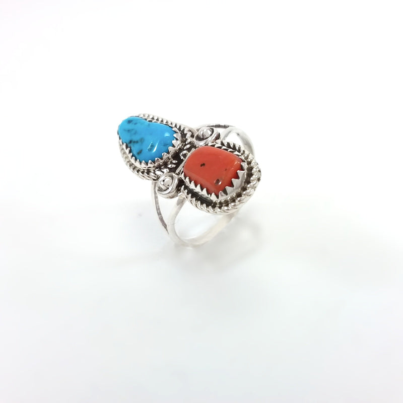 Coral and Turquoise Navajo Southwest Native American Ring size 9.5 under 50 dollars Indian Jewelry